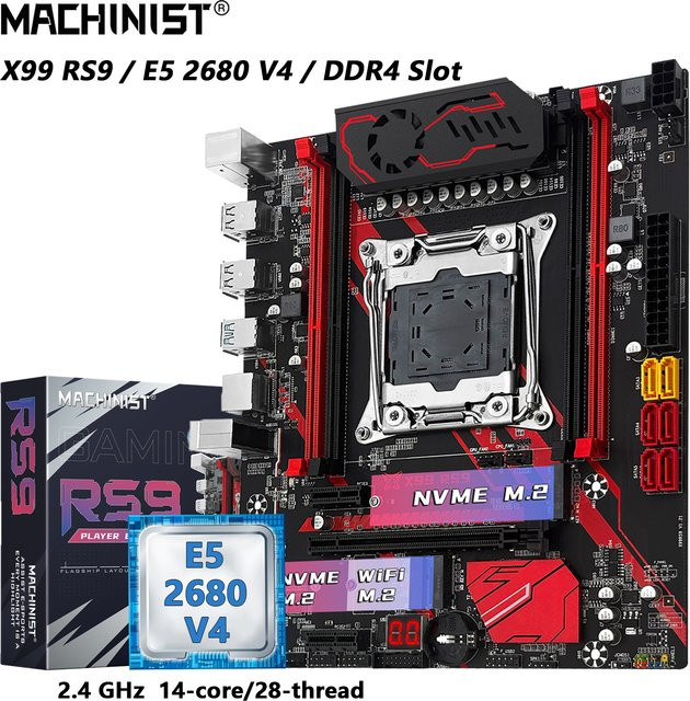 MACHINIST X99 RS9 Motherboard mit Intel Xeon E5 2680 V4 CPU und 16 GB DDR4 RAM, LGA 2011-3, Vierkanal-Speicher, USB 3.0, Schwarz - Bild 1