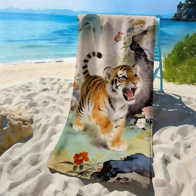 Saugfähiges Strandtuch aus Polyester-Mikrofaser mit Cartoon-Tiger-, Blumen- und Felsmuster in Multicolour, Breite: 40 cm, Höhe: 60 cm - Bild 1