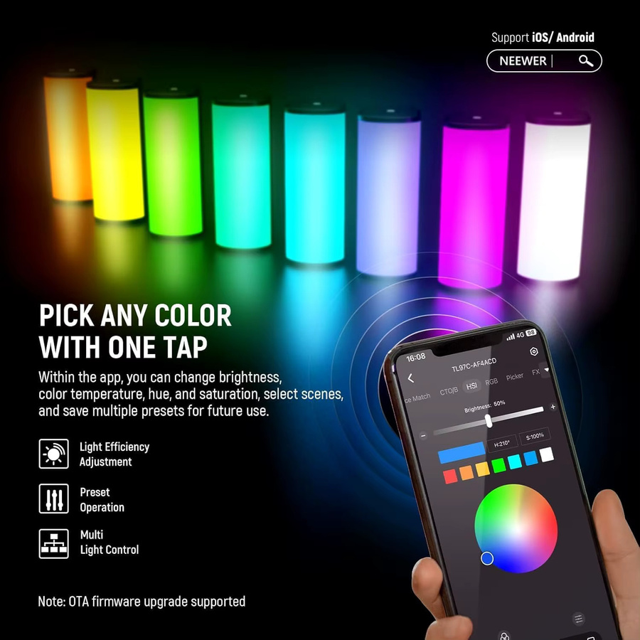 NEEWER Tragbarer Magnetischer RGB-LED-Videolichtstab mit App-Steuerung, Schwarz, 2550mAh Akku, 2500K-8500K dimmbar, CRI 97 - Bild 4