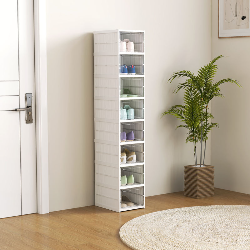 HOMCOM Schuhboxen Set aus 8 Stück, stapelbare und faltbare Schuh-Organizer mit transparenten Türen in Weiß - Bild 2