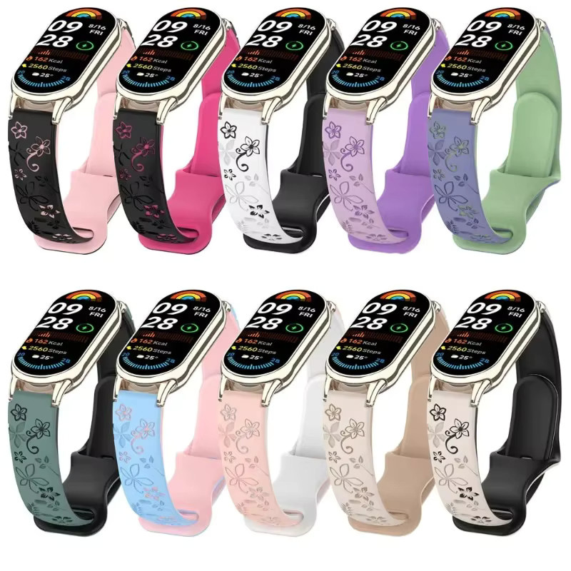 CAOWTAN Silikon Smart Armband mit Blumen-Gravur für Xiaomi Mi Band 9 und Mi Band 8 in Pink und Weiß - Bild 2