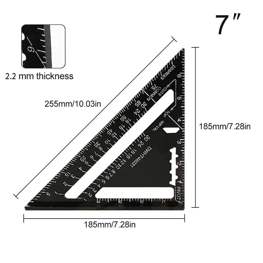 Dreiecklineal aus Aluminiumlegierung in Silber, 7 Zoll (17,78 cm) mit Zoll- und metrischer Skala für professionelle Holzbearbeitung - Bild 5