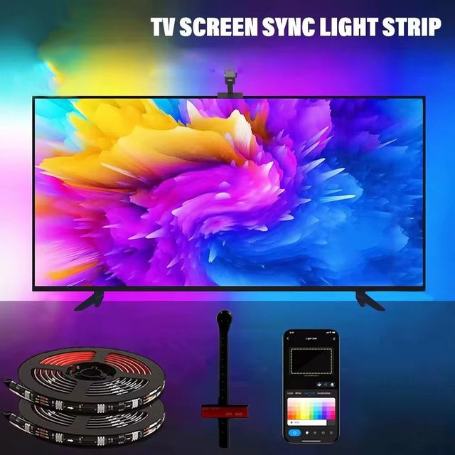 Adiodo RGBIC LED TV Hintergrundbeleuchtung mit Musik-Synchronisation und App-Steuerung, Multicolour Umgebungslicht für Schlafzimmer und TV - Bild 1