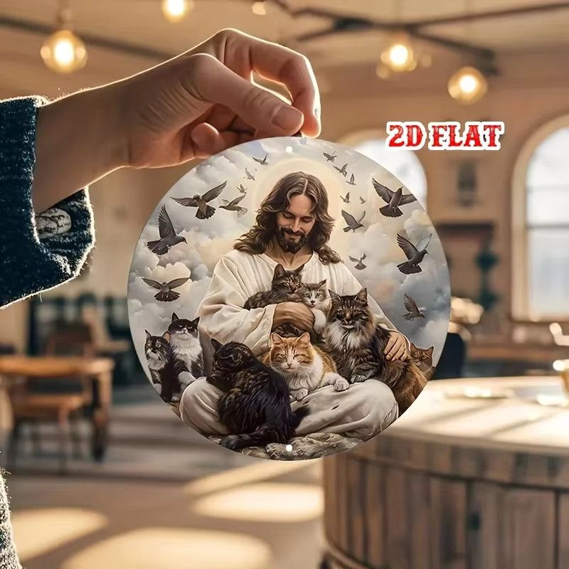 CIFBUY Vintage Jesus mit Katzen Wandkunst Rundes Aluminium Metallschild für Home Bar Cafe Dekor - Bild 4