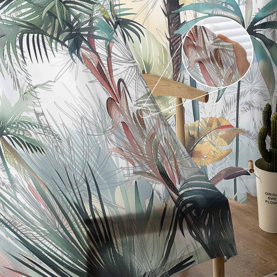 Transparente Vorhänge mit tropischem Pflanzen- und Palmenmuster von Household supplies MH aus Tüll, Voile und Organza, Breite: 135 cm, Höhe: 115 cm - Bild 3