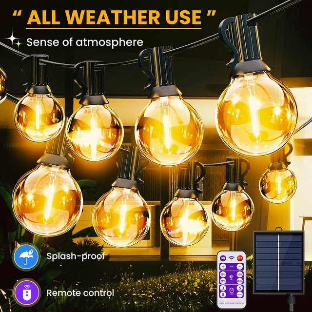 G40 LED-Solar-Lichterkette mit Fernbedienung, dimmbar, warmweißes Licht, transparente Glaskugeln, wasserdichte Dekoration für Garten und Terrasse - Bild 1