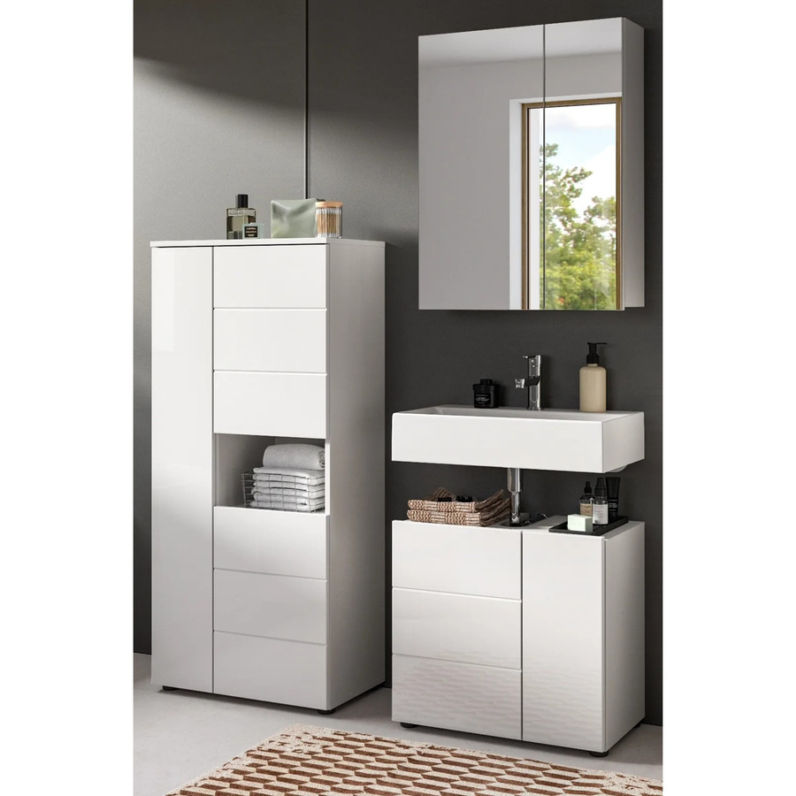Inn.Furn Badmöbel Set Larik 3-teilig in Weiß Hochglanz mit Rillen-Optik, B/H: 135 x 190 cm - Bild 2