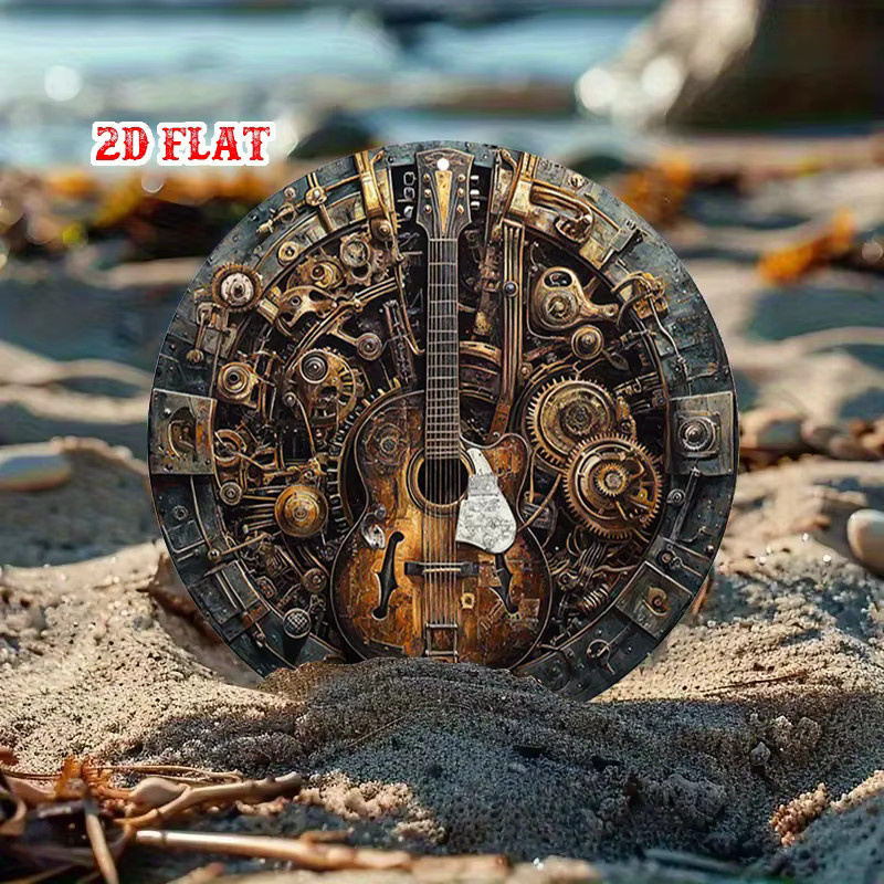 CIFBUY Steampunk Gitarren Wandkunst aus Aluminium, rundes Metallposter mit Zahnrad-Design in Multicolour für dein Wohnzimmer oder Musikstudio - Bild 2