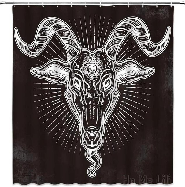 Wasserdichter Duschvorhang mit Baphomet Ziegenkopf und Pentagramm Motiv von Baifenbai Home Furnishing, Farbe Schwarz, B: 90 cm, H: 180 cm - Bild 1