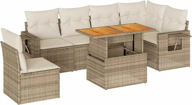 vidaXL 7-teilige Garten-Sofagarnitur in L-Form mit Kissen und Couchtisch, Beige, Poly-Rattan mit Metallgestell - Bild 1