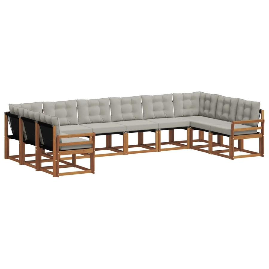 vidaXL Outdoor-Sofagarnitur 10-teilig aus Akazienholz mit Textilene und Kissen in Natur und Hellgrau - Bild 2