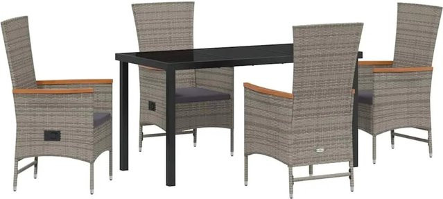 vidaXL Garten Essgruppe 5-teilig aus Poly-Rattan und Akazienholz in Grau mit Glasplatte und Kissen - Bild 1