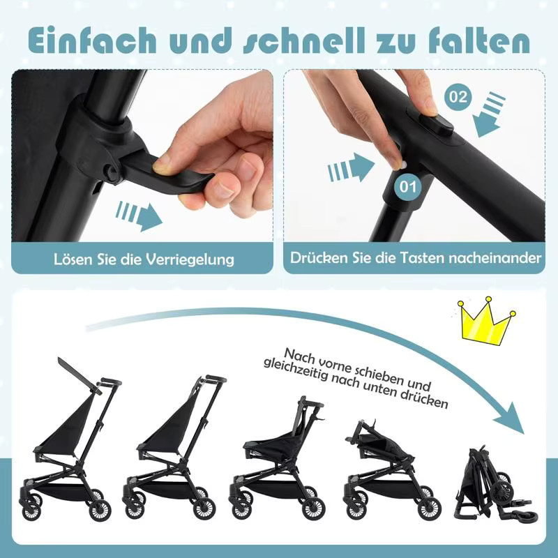 Schwarzer Reisebuggy Kompakter Leichtgewicht-Kinderwagen Flugzeugfreundlich mit Einhand-Faltfunktion und Schultergurt - Bild 5