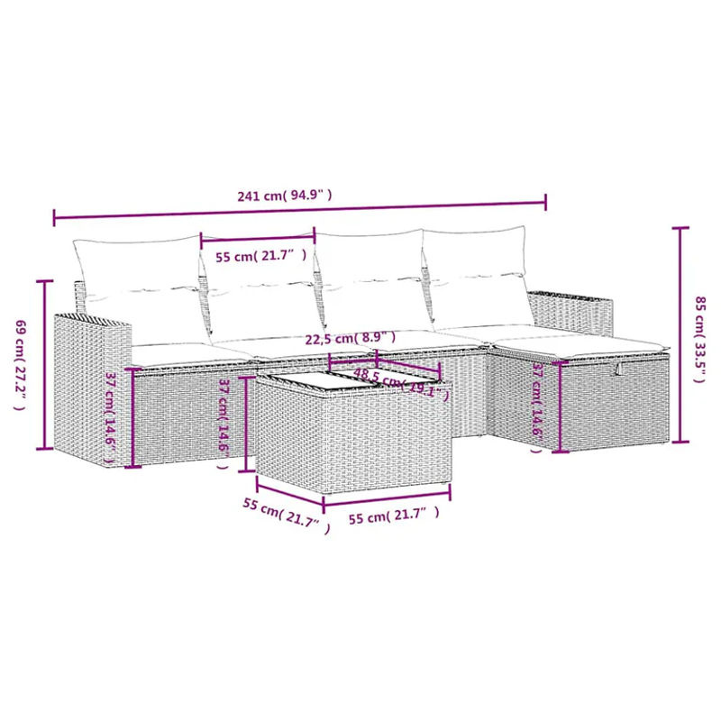 vidaXL 6-tlg Garten-Sofagarnitur aus Poly-Rattan in Schwarz mit UV-beständigen Kissen und pulverbeschichtetem Stahlgestell - Bild 4