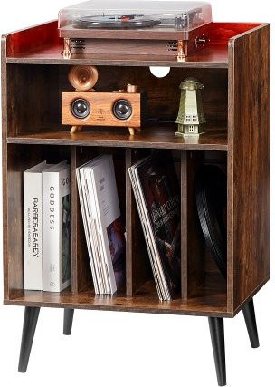 VEVOR Schallplattenaufbewahrung aus Holz in Braun mit LED-Beleuchtung und Ladestation, 3-stufiger Plattenspielerständer mit USB-Ports und Ausstellungsregal für bis zu 150 Alben, B/T/H: 75 x 40 x 40 cm - Bild 1