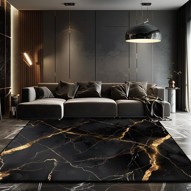 JGJG Wohnzimmer Teppich in Schwarz und Gold mit Marmor-Design, weich und rutschfest, B/T: 60 x 90 cm - Bild 1