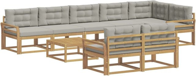 vidaXL Outdoor-Sofagarnitur aus Akazienholz in Weiß-Hellgrau, 9-teiliges L-Shape Set mit Polsterkissen, B/T/H: 79 x 79 x 37 cm - Bild 1