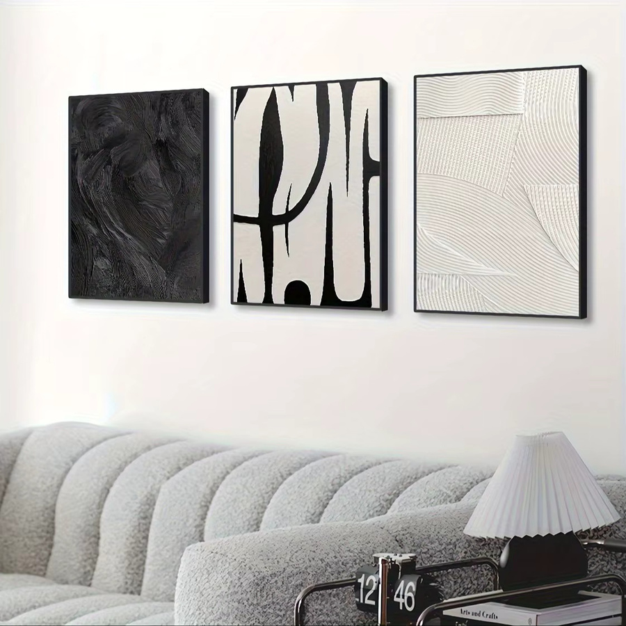 3-teiliges Leinwand-Wandkunst-Set von DHRM mit abstraktem Grafikdesign in Schwarz und Weiß - Bild 2