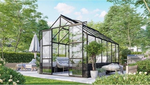 Vitavia Gewächshaus Cassandra 9900 Schwarz mit ESG-Glas und Doppelschiebetür, B/H/T: 257 x 249 x 385 cm - Bild 1