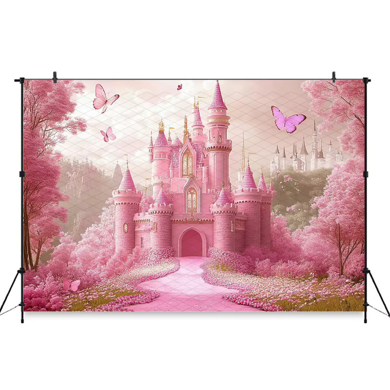 Mocsicka Fotohintergrund Rosa Schloss mit Frühlingsblumen und Bäumen für Porträt- und Geburtstagsfotografie - Bild 2