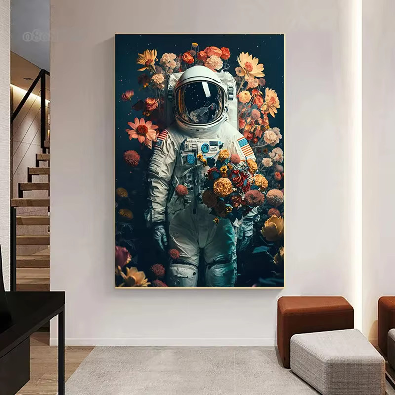 Potdemiel Leinwandgemälde Astronaut in Blumen Modernes Wandbild mit Kosmonaut und Planeten als Dekoration für Kinderzimmer in Mehrfarbig - Bild 2