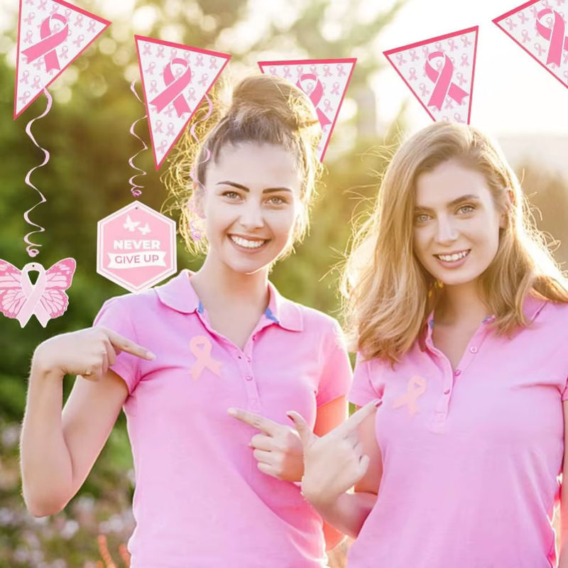 Wimpelbanner zur Brustkrebs-Aufklärung in Rosa mit Schmetterlings- und Vogelmotiven als hängende Papier-Dekoration - Bild 2