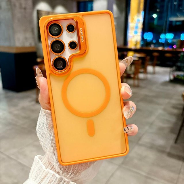 Magnetische Handyhülle mit Klapp-Objektivhalter und Glas-Objektivfolie für Samsung Galaxy S26 S25 S24 Ultra Plus in Transparent oder Orange - Bild 1