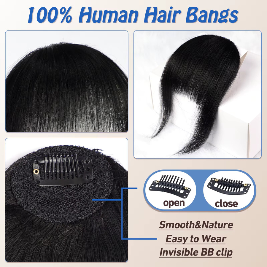 HAIRCUBE Clip-in-Air-Haarverlängerung, 100 % Echthaar, schwarzer Pony mit Koteletten und Wispy-Fransen, Unisex - Bild 4