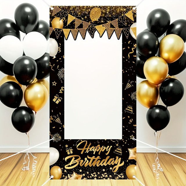 AFYPRTY Fotobox-Rahmen Happy Birthday in Schwarz-Gold, Rechteckiges Foto-Hintergrund-Banner aus Polyester für deine Geburtstagsparty, Breite: 120 cm, Höhe: 60 cm - Bild 1