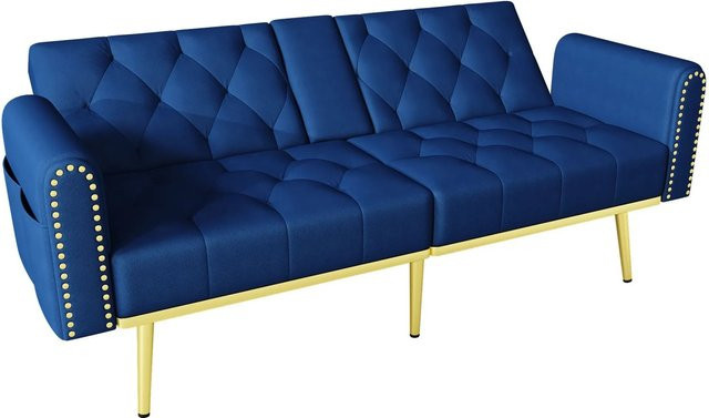 Merax Schlafsofa 2-Sitzer aus Samt mit Getränkehalter und Dekokissen in Blau, B/T/H: 175 x 73,5 x 80 cm - Bild 1