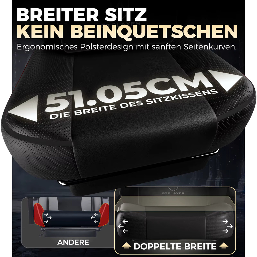 GTPLAYER Gaming Stuhl in Schwarz mit Fußstütze, höhenverstellbarer Gamer Sessel mit verstellbaren Armlehnen, Lenden- und Kopfkissen sowie 200 kg Tragkraft - Bild 2