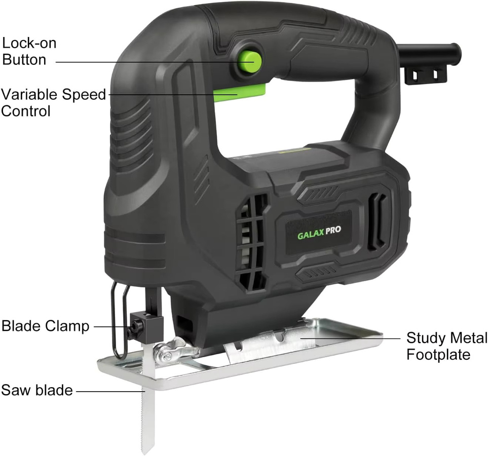 GALAX PRO Elektrische Stichsäge 400W mit 3000 SPM, ±45° Schrägschnitt-Funktion und Verriegelungsknopf, Schwarz, inklusive Klingen für Holz und Metall - Bild 3