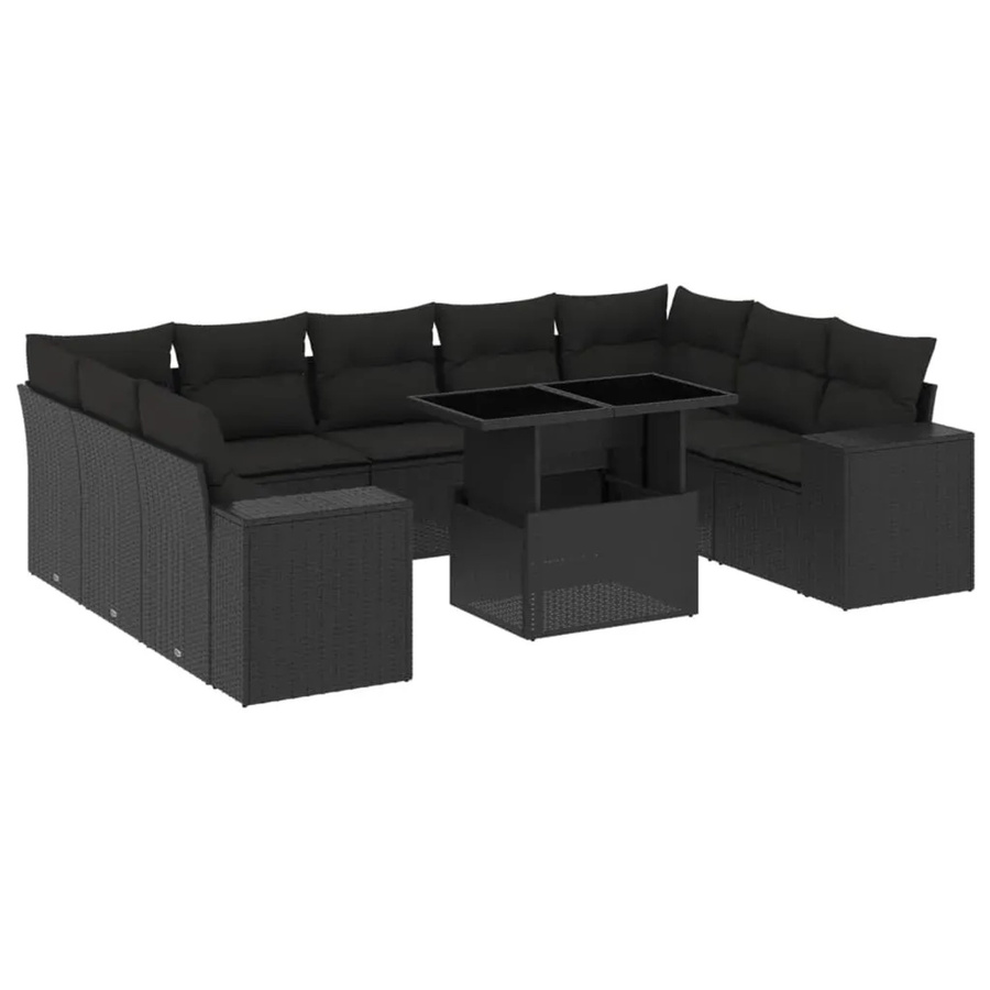vidaXL 10-tlg. Garten-Sofagarnitur in L-Form aus Poly-Rattan und pulverbeschichtetem Stahl mit Kissen in Schwarz - Bild 2
