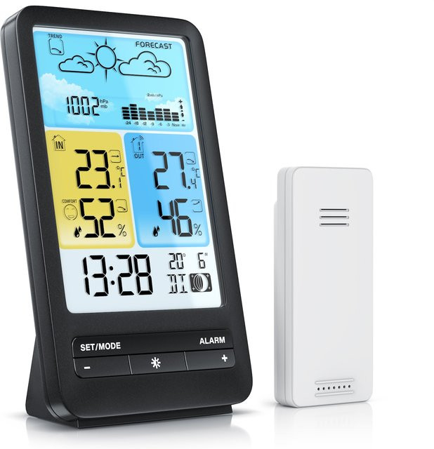 BEARWARE Wetterstation Funk mit Farbdisplay und Außensensor in Schwarz mit Temperaturwarnung und Frostalarm - Bild 1