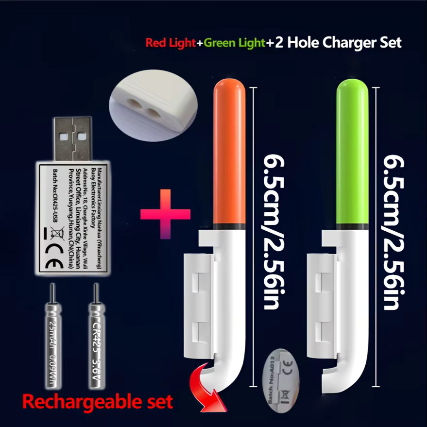 5-teiliges Angelset mit wiederaufladbaren Bissanzeigern in Grün, inklusive 2 Rutenendlichtern, 2 CR425-Batterien und einem Dual-Port USB-Ladegerät - Bild 1
