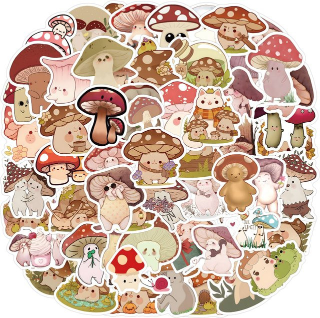 60 Stück Kawaii Pilz Aufkleber Set, Wasserdichte Märchen Pilz Sticker in Multicolour für DIY Notebook und Spielzeug Dekoration - Bild 1