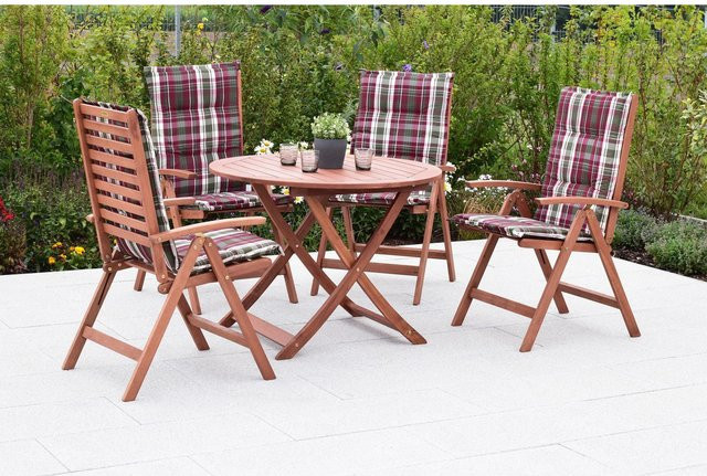 Merxx Gartenmöbel Set Borkum aus Eukalyptusholz mit 4 Klappsesseln und Klapptisch inkl. beige karierten Auflagen - Bild 1