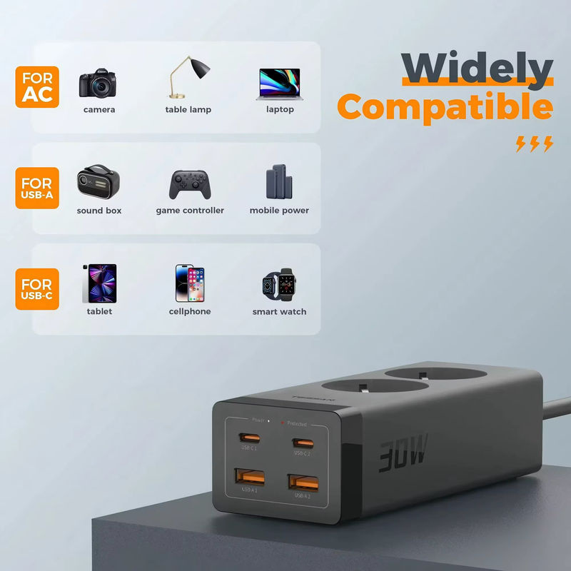 TESSAN Überspannungsschutz-Steckdosenleiste mit GaN 2-Wege-Steckeradapter, 4 USB-Schnellladefunktionen und 2m Kabel, Schwarz - Bild 6