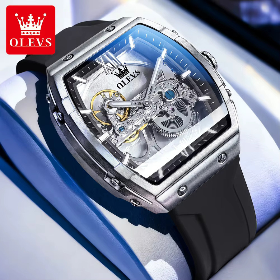 OLEVS Armbanduhr, Automatik, Skelett, Silikonarmband, Silber, Herren - Bild 4