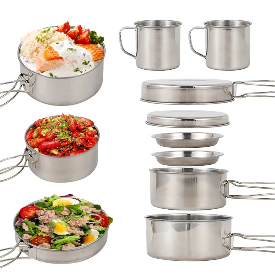 LISM Camping Kochgeschirr Set aus Edelstahl in Silber, 8-teiliges Mess Kit mit Kochtopf und Pfanne für Outdoor, Wandern und Rucksackreisen - Bild 2