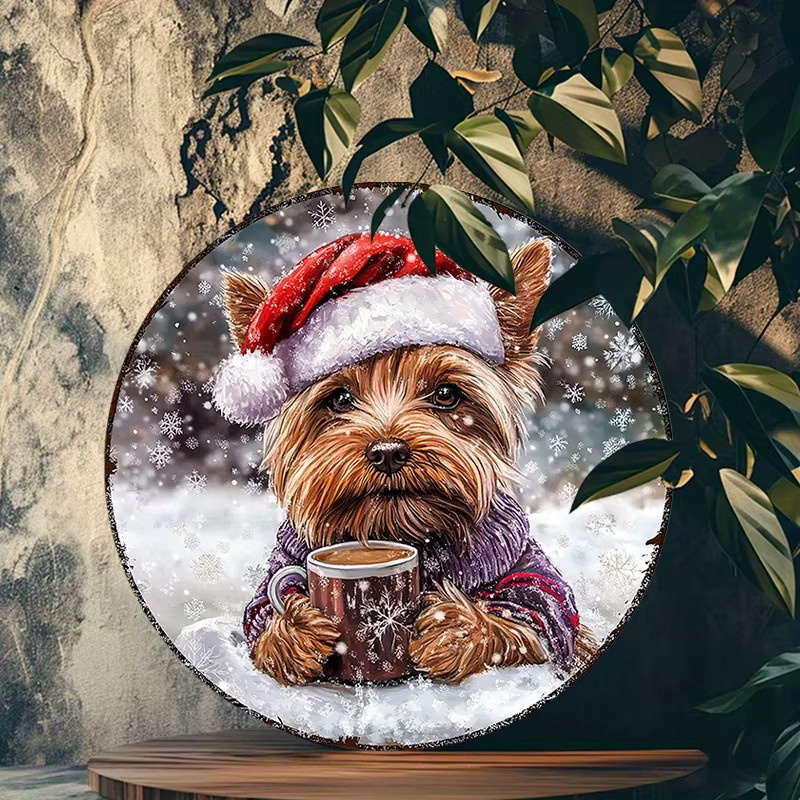 Rundes Aluminiumschild Potdemiel mit Seidigem Terrier in Weihnachtsmütze, Mehrfarbig, Durchmesser: 20 cm - Bild 5