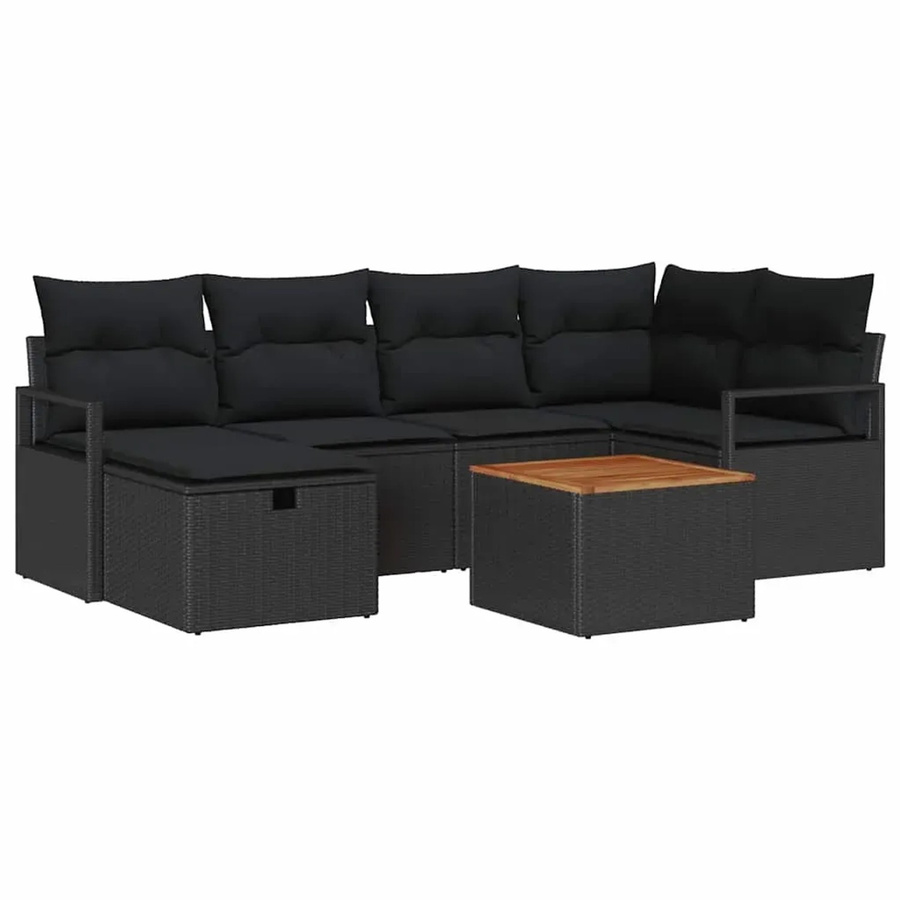 vidaXL Garten-Sofa-Set aus Poly-Rattan in Schwarz, 7-teiliges L-Shape Lounge-Set mit Kissen und Tisch - Bild 2