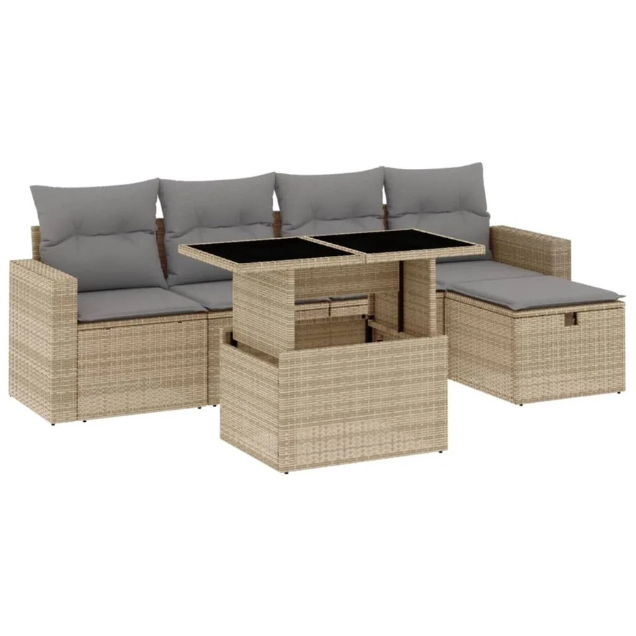 vidaXL 6-tlg Garten-Sofagarnitur L-Form aus Poly Rattan in Beige mit Kissen und Metallgestell - Bild 2