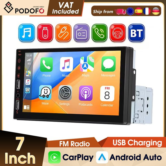 Podofo 1Din 7 Zoll Auto-Multimediaplayer mit kabellosem Carplay, Android Auto, Mirror Link und Bluetooth in Schwarz - Bild 1