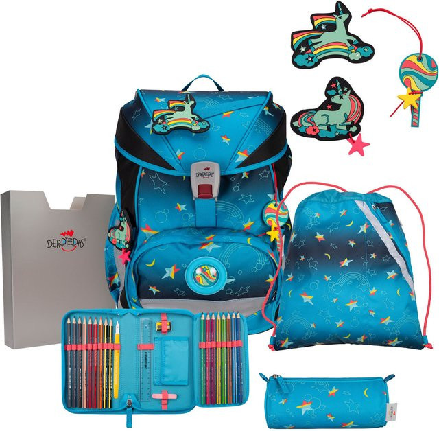 DerDieDas ErgoFlex Exklusiv LED Schulrucksack-Set 5-teilig mit Sportbeutel Rainbow Star in Multicolor und Blau - Bild 1