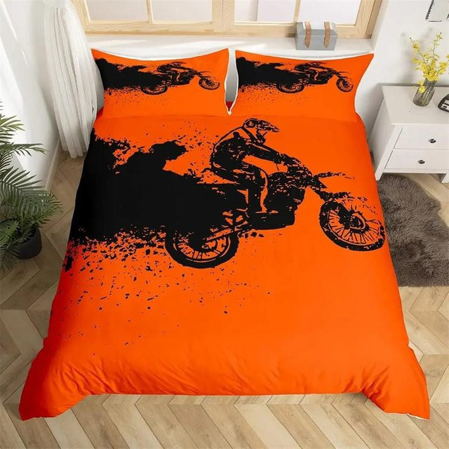 3D Luxus Bettwäsche Set Motorrad Motocross Design mit Bettbezug und Kissenbezügen, Farbe: Orange, B/H: 155 x 220 cm - Bild 1