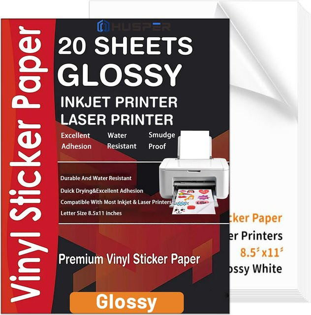 ESHANG Vinyl-Aufkleberpapier glänzend, 20 Blatt, weiß, wasserdicht und selbstklebend, kompatibel mit Laser- und Tintenstrahldrucker, B: 21,6 cm, H: 27,9 cm - Bild 1