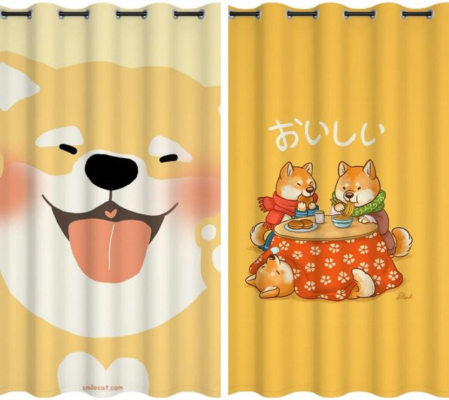 Yiran Furniture Verdunkelungsvorhang mit Cartoon Shiba Inu Motiv für Kinderzimmer, Gelb, B: 55 cm, H: 120 cm, 2er-Set mit Ösenhaken - Bild 1