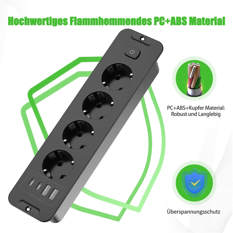 HITRENDS Desktop-Einbausteckdose mit 4 EU-Steckdosen, 2 USB-A und 2 USB-C Anschlüssen sowie 2 m Verlängerungskabel - Bild 3