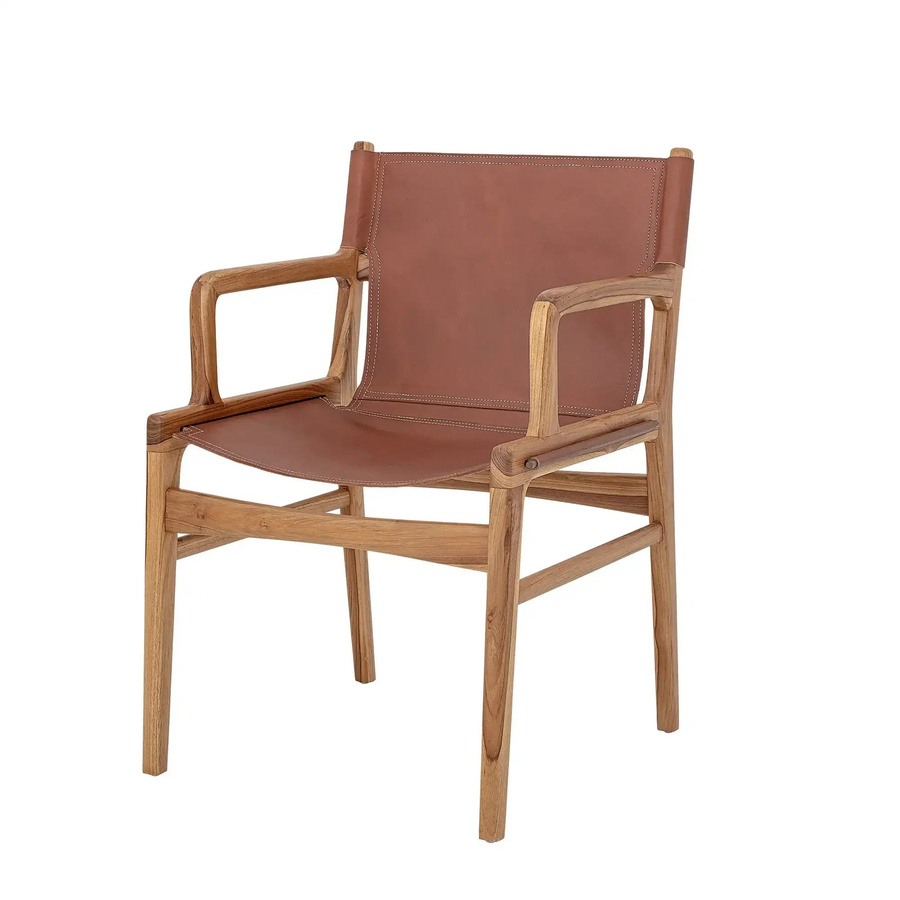 Bloomingville Lounge Chair Ollie aus braunem Leder und Kuhfell mit Teakholzgestell, B/T/H: 60 x 55 x 84 cm - Bild 1